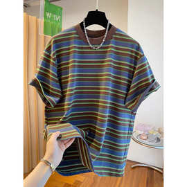 【胖妹妹】美式设计感撞色条纹短袖t恤女夏季宽松大码百搭上衣潮