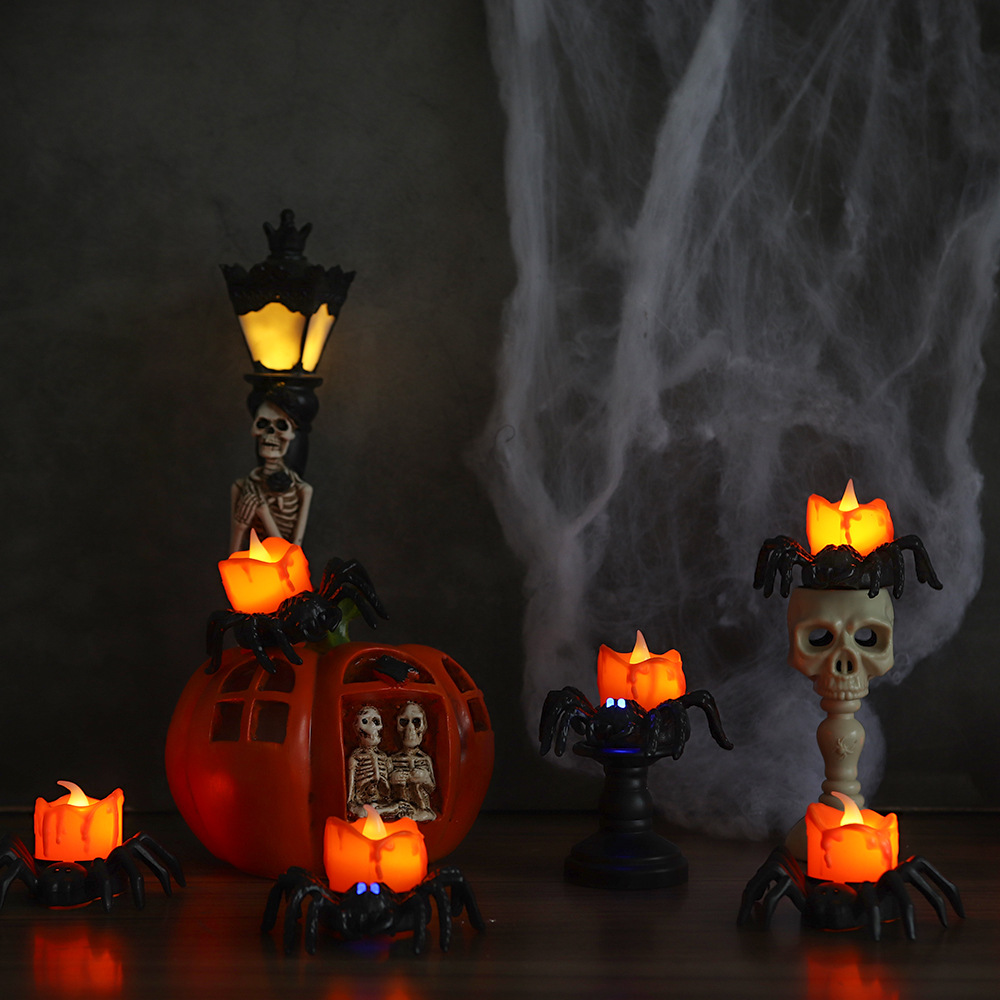 Decoración de velas electrónicas de Halloween, decoración de la escena de la ventana del bar, decoración de la linterna de calabaza, esqueleto de araña luminoso para niños