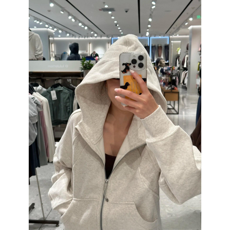 Lulu Original Embroidered Scuba Sweatshirt Loose Full-Zip Sports Hooded Jacket Yoga Fleece Warm Top