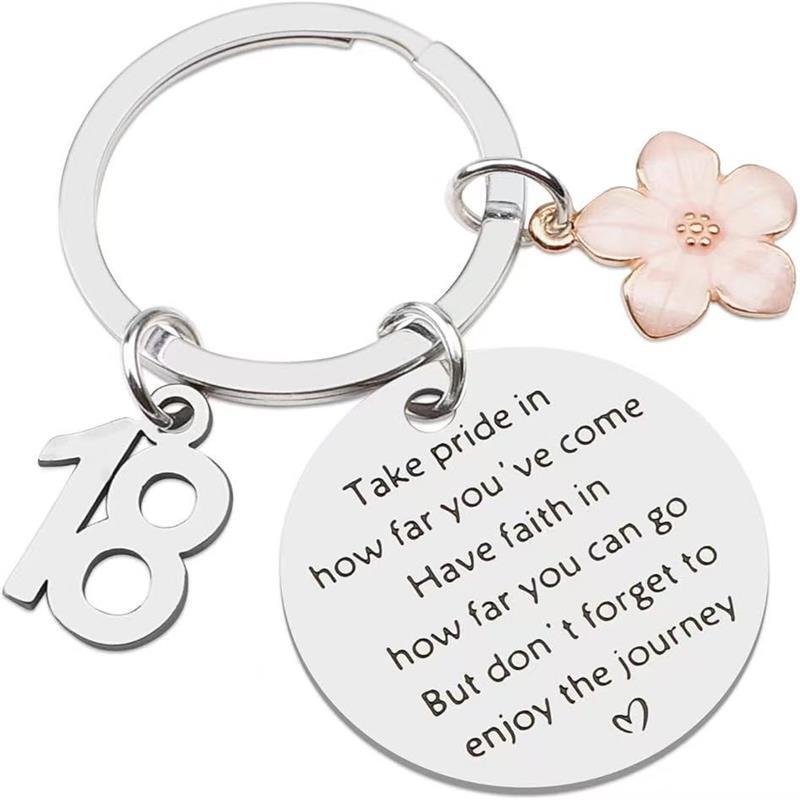 Amazon European and American Cross-Border Best-Selling Stainless Steel Keychain Birthday Cherry Blossom Creative Gift for Friends with Engraving Can Be Customized
