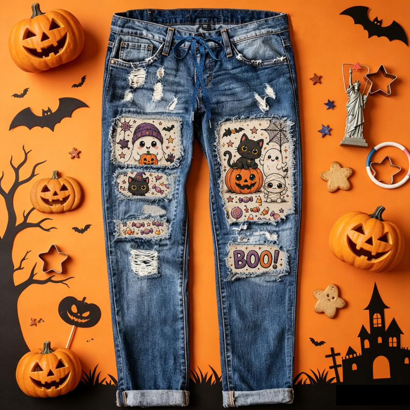 Cross-border supply of women's new Halloween patchwork ripped jeans, vintage distressed raw edge printed slim fit Cross-border supply of women's new Halloween patchwork ripped jeans, vintage distressed raw edge printed slim fit
