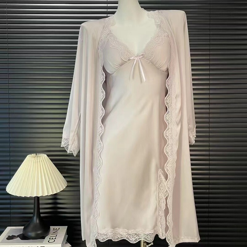 Sexy Pajamas Women's Ice Silk Long Over-the-Knee Lace Belt Chest Pad Sling Nightgown Pure Desire Style Silk Home Clothes