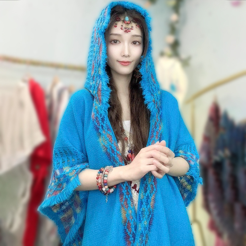 旅游民族风连帽披肩女外搭新疆云南波西米亚空调房流苏针织衫斗篷|undefined