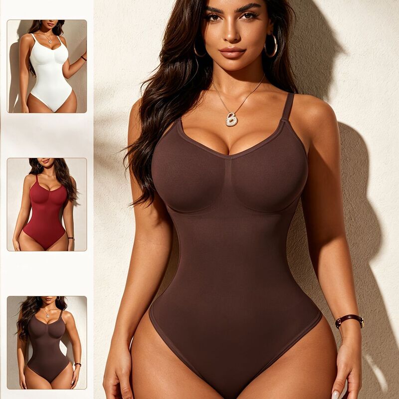 Slim-Fitting Seamless Shapewear Bodysuit with Straps for Tummy Control and Waist Shaping, Enhancing a Slimming Effect Slim-Fitting Seamless Shapewear Bodysuit with Straps for Tummy Control and Waist Shaping, Enhancing a Slimming Effect