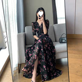 印花中长款法式新款字裙领显瘦黑色短袖开叉淑女复古夏春秋
