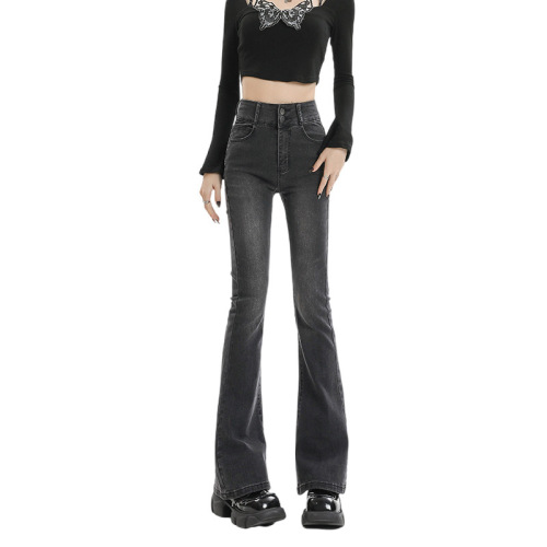 Women's New Autumn/Winter Fleece-Lined Bell Bottom Pants, Black and Grey, High-Waisted, Slimming, Thickened, Double Button, Micro-Bell Bottom Denim Pants for Petite Figures