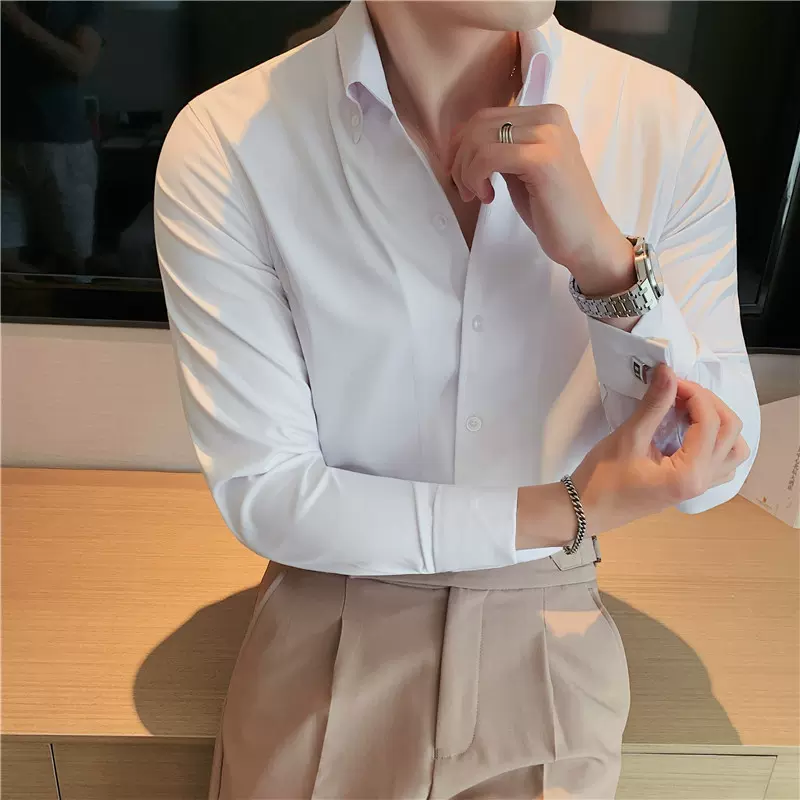 定制法式长袖衬衫男商务休闲正装免烫高端男装白衬衣网红V领秋冬