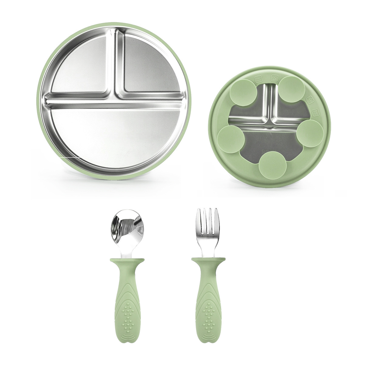 Plato de comedor de silicona de acero inoxidable 304, juego de tazón de arroz con aislamiento térmico para niños de grado alimenticio, cuchara de tenedor, tazón de sopa grueso, anti-caída y anti-escaldado
