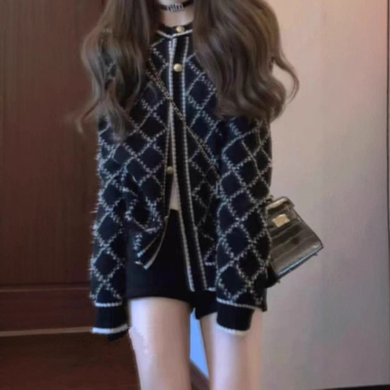 法式高级感拼色菱格灰色针织开衫上衣女春季外搭慵懒风毛衣|undefined