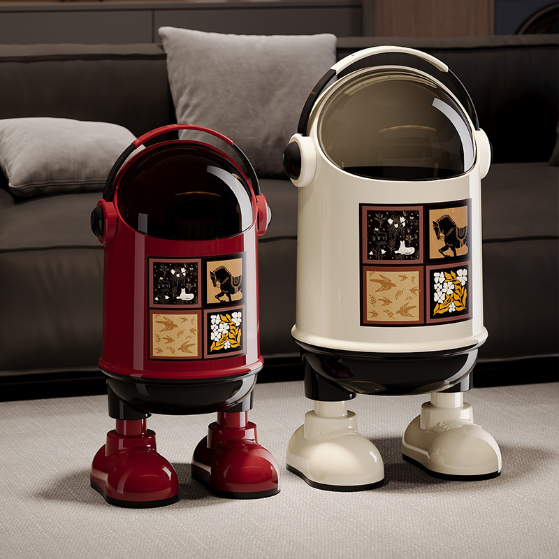 Retro-Style Trash Can with Cartoon Astronaut Standing on It, Office Waste Storage Bin, Creative Portable Large-Sized Sanitary Cleaning Bin