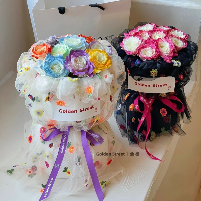 新款绣花朵蕾丝网纱花艺包装纱明星同款少女糖果色花束包花材料