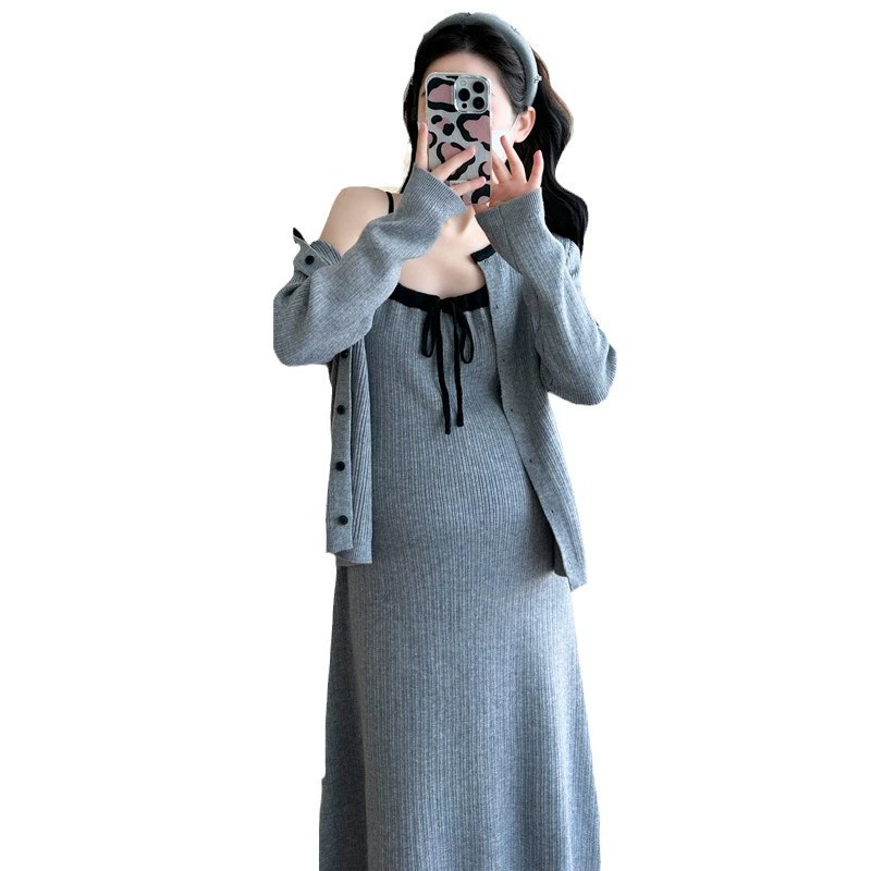 Демисезонное модное вязаное платье для беременных, slip dress, кардиган, яркий запоминающийся стиль, облегающий