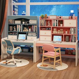 Children's Desk Bookshelf Bookcase Integrated Student Learning Writing Table Home Girl Bedroom Computer Table and Chair suit
