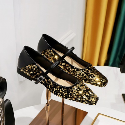 792-8 Korean Fashion Flat Heel Shoes Spring and Autumn Shallow Mouth Small Square Head with Sparkling Sequins Single Sho