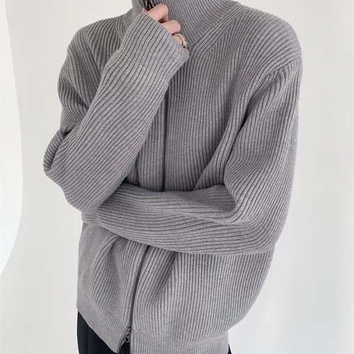 Autumn/Winter Collarless Pullover Cardigan for Men, Couple's Outerwear, Cool Style Knitwear, Zipper, Solid Color, Versatile, Fine Needle and Thread Wool
