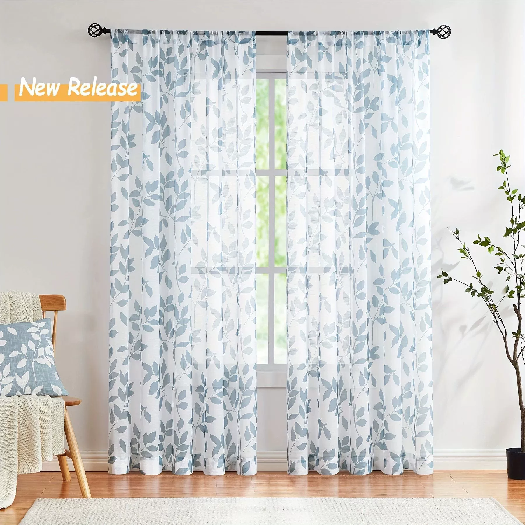 Cross-border Amazon sheer leaf print sheer curtain for living room bedroom balcony courtyard fresh pastoral wholesale