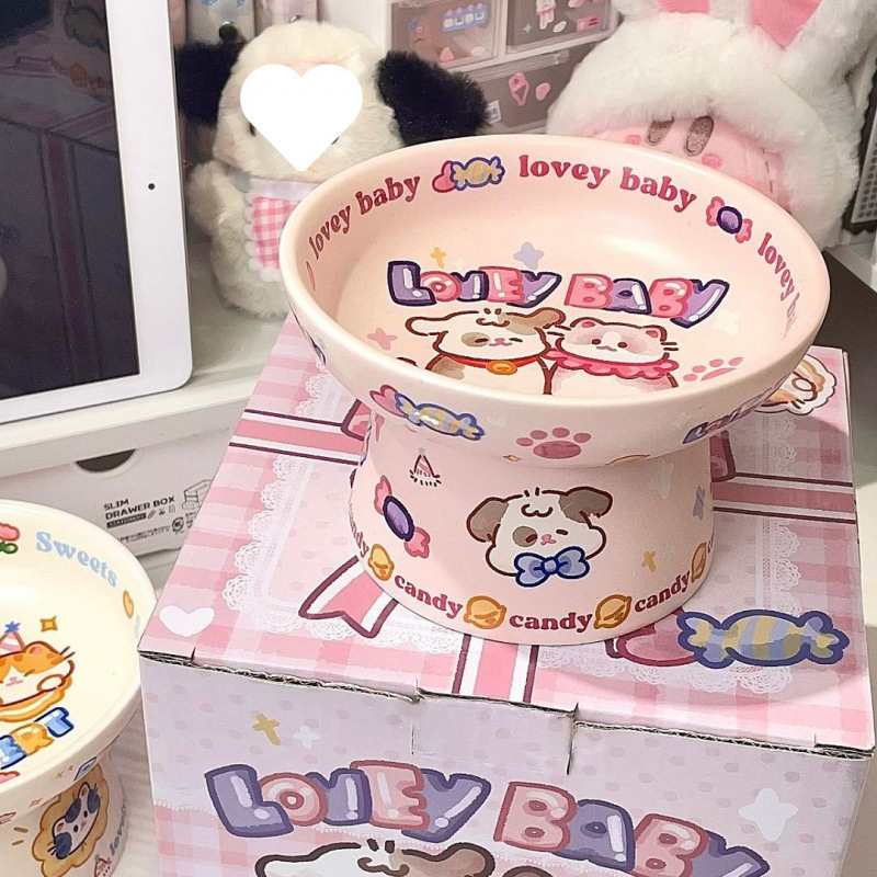 かわいい漫画の高温耐性、拭いてきれいに、転倒防止、頚椎を保護するセラミック製の背の高いペット猫ボウル|undefined