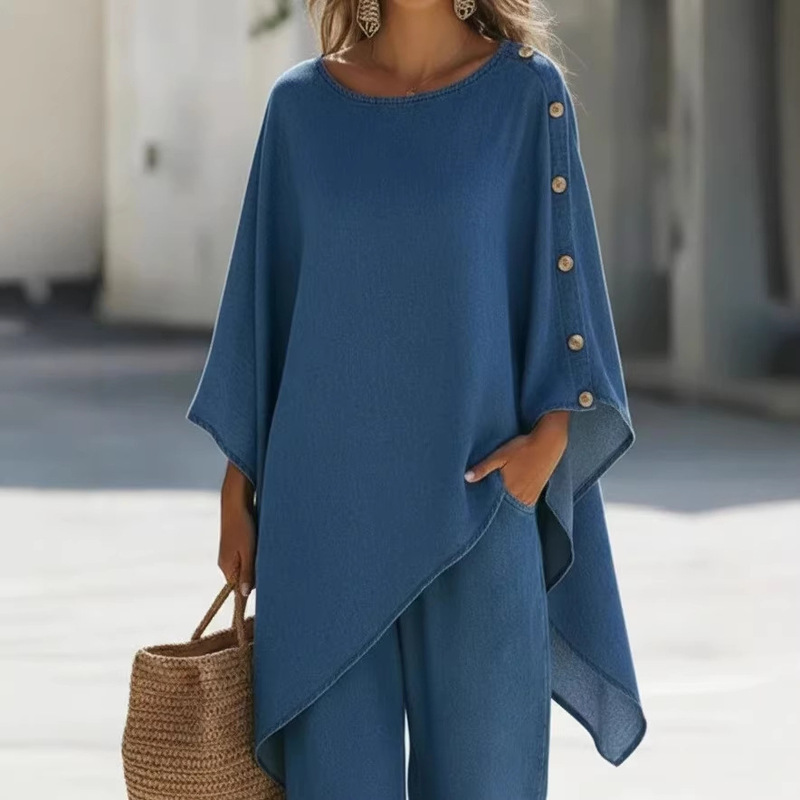 European and American Cross-Border Amazon Foreign Trade New Women's Fashion Casual Denim Button-Up Top and Wide-Leg Pants Two-Piece Set European and American Cross-Border Amazon Foreign Trade New Women's Fashion Casual Denim Button-Up Top and Wide-Leg Pants Two-Piece Set