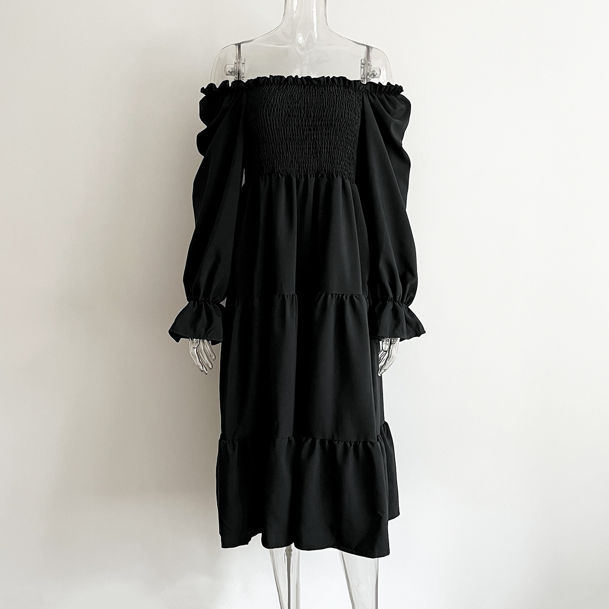 Smocking Dress Ruffled Square Collar Flared Sleeve Layered Large Swing Dress Women Women Clothing