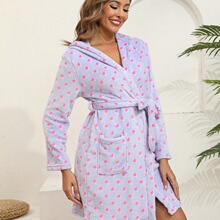 女士长款浴袍睡袍法兰绒浴衣睡衣加厚欧美印花宽松，适合秋冬