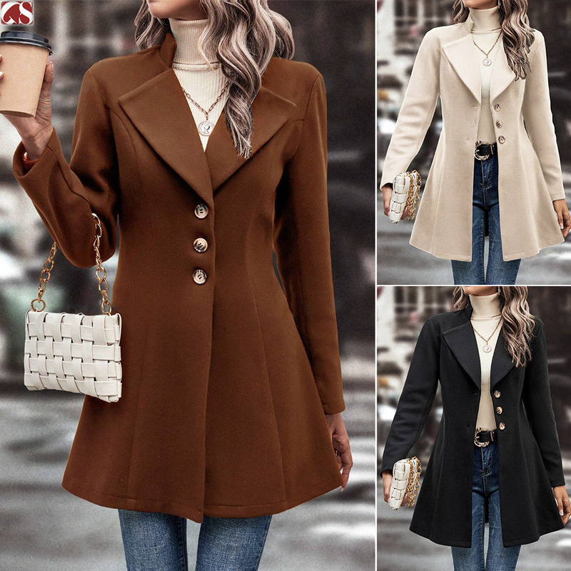 European and American 2026 New Amazon Cross-Border Women's Autumn and Winter Lapel Slim Woolen Solid Color Fashionable and Elegant Coat