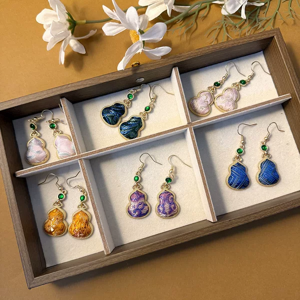 New Chinese-Style Gourd Ear Hooks for Women, Retro Fortune and Longevity Earrings, Hanfu Cheongsam Matching Ear Accessories, Song Brocade Ear Pendants