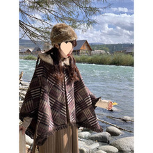 日系软妹甜美小清新拼布棕流苏连帽斗篷披肩短外套女2024秋冬新款