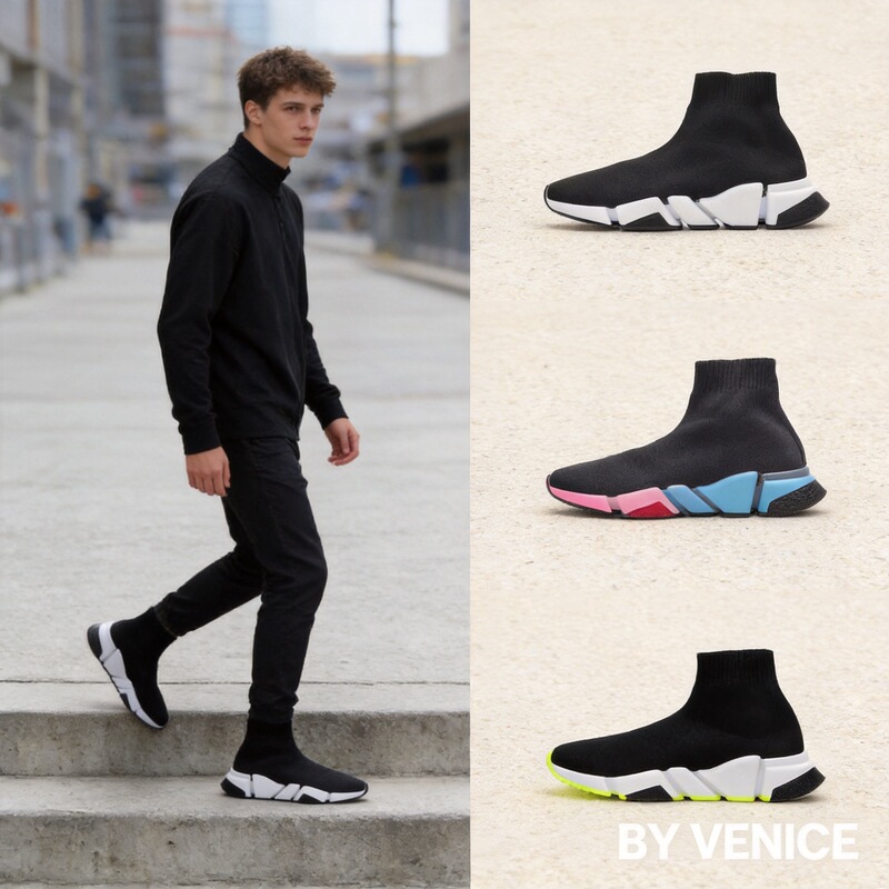 Cross-Border Paris Elastic Sock Shoes for Women, High-Top Breathable Sneakers, B-Brand Versatile Thick-Soled Knitted Short Boots, Casual Shoes