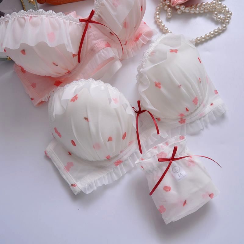 Japanese Style White Pink Printed Film Cup without Steel Ring Fresh Girl Cute Gathered Sexy Underwear Bra Set