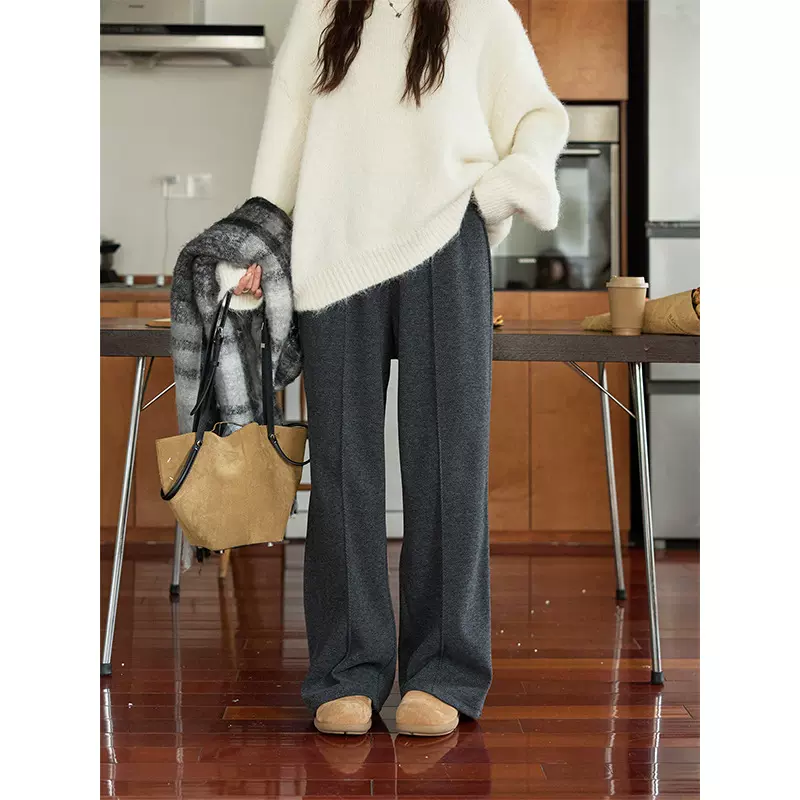 大码女装人字纹阔腿裤厚实软糯简约抽绳直筒裤高腰垂感韩系休闲裤