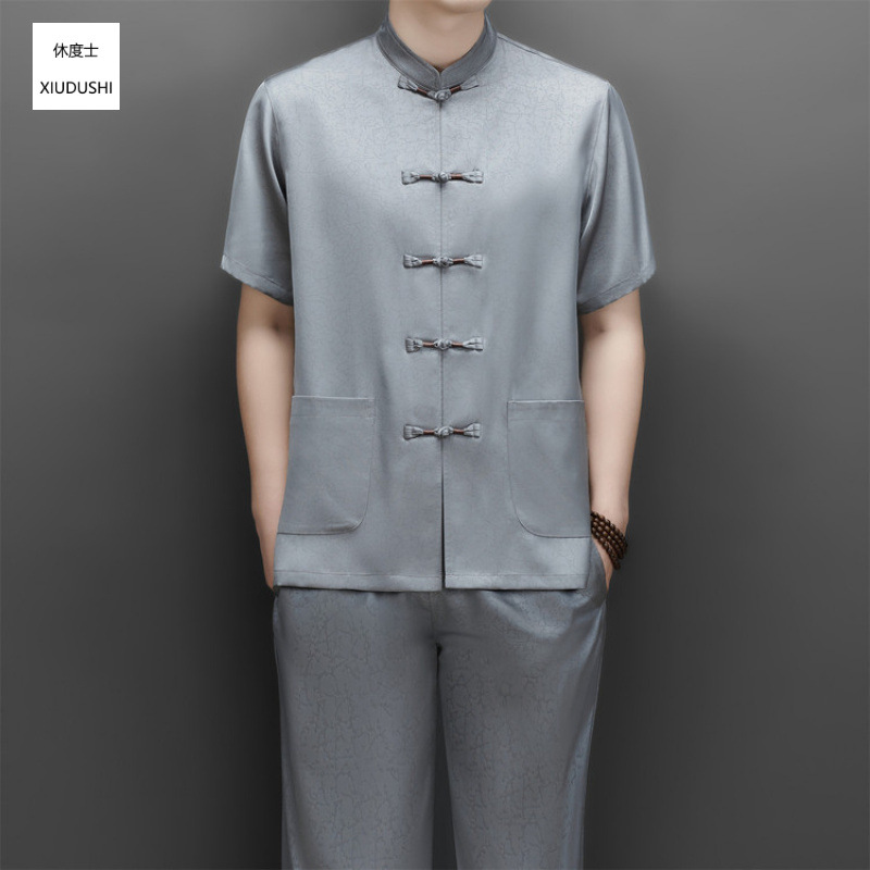 2026 Chinese Style Men's Summer Thin Soft Short-Sleeve Tang Suit Set, Casual Two-Piece Set for Middle-Aged and Elderly Men