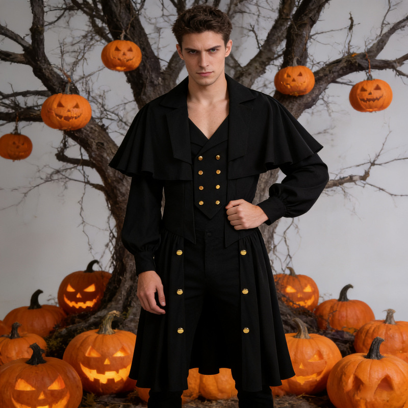 Retro Gothic Trench Coat Gentleman Victorian Mid-Length Outwear Christmas Cosplay Costume