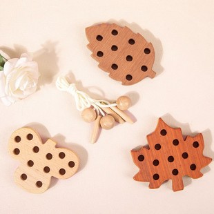 Baby wooden early education threading board animal and plant cognition hedgehog leaf building blocks threading game hand-eye coordination toys
