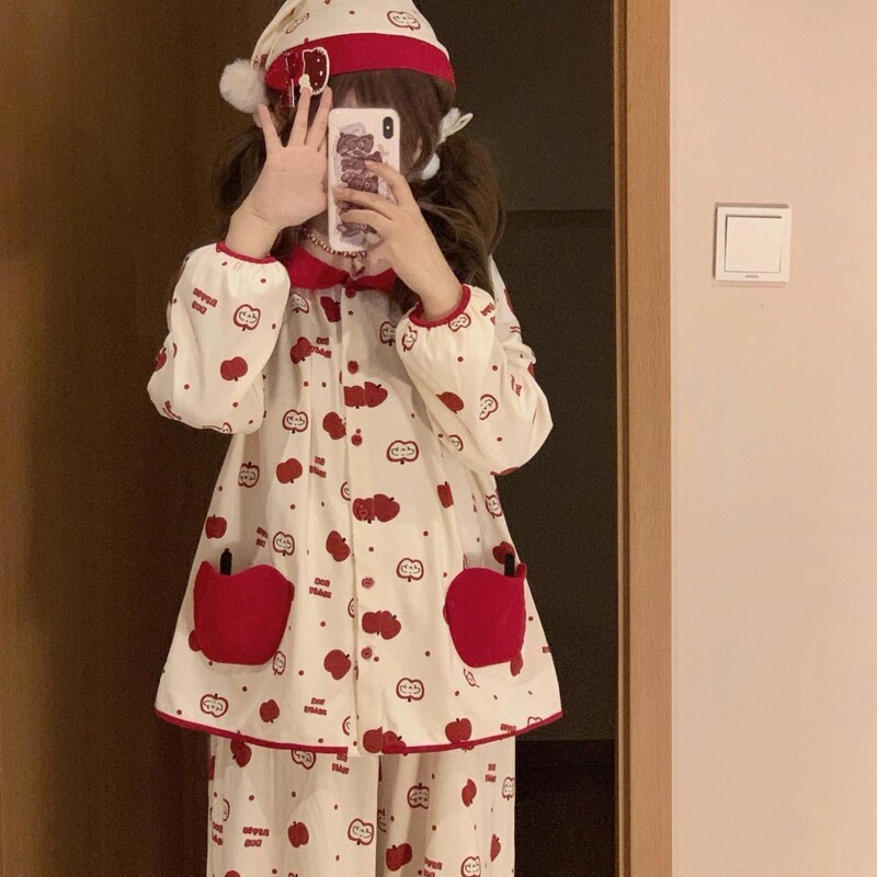 Doll Collar Christmas Apple Pajamas for Girls, New Spring and Autumn Style, Spring Cardigan Long-Sleeve Loungewear Set, Sweet and Cute