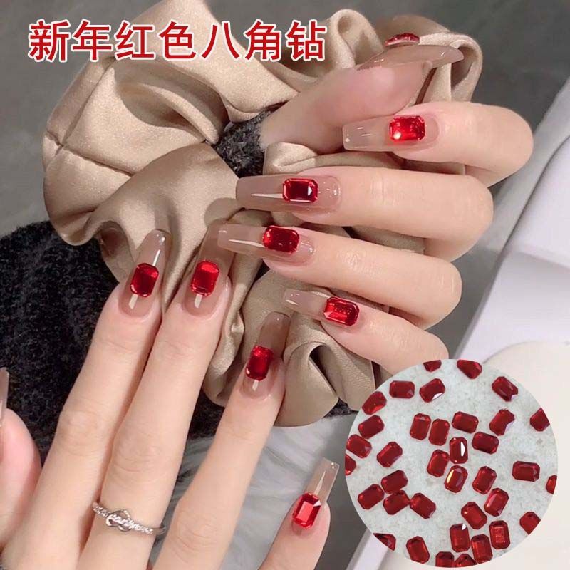 New Year's Red Flats-Bottomed Octagonal Nail Art Diamond Jewelry Simple High-End Super Flash Nail Shaped Diamond Wearable Accessories New Year's Red Flats-Bottomed Octagonal Nail Art Diamond Jewelry Simple High-End Super Flash Nail Shaped Diamond Wearable Accessories