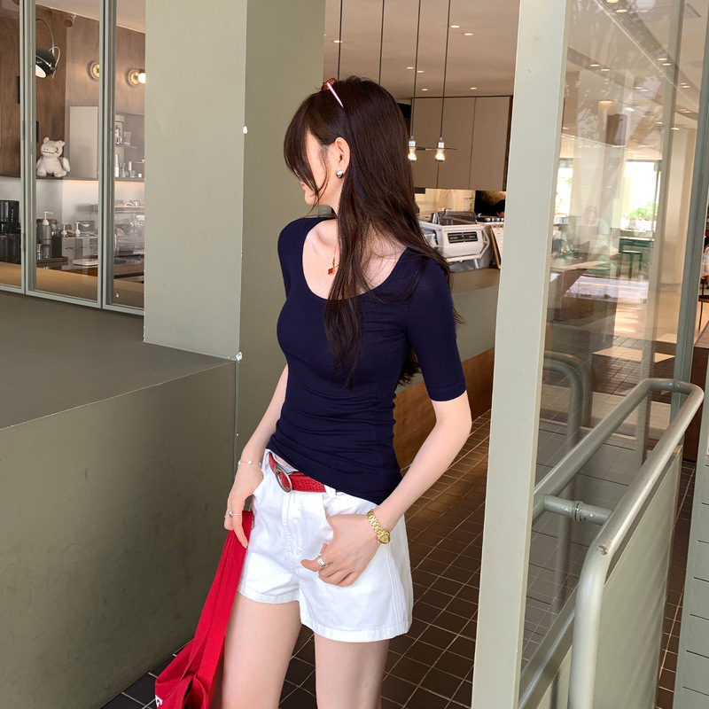 实拍图莱赛尔天丝修身U领中袖羊毛T恤女2025夏薄款上衣|undefined