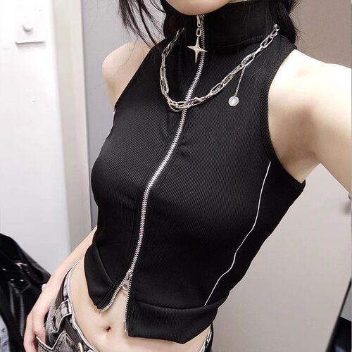 European and American cross-border dark spring and summer personality retro American stand-collar zipper all-match solid color slim short vest women's clothing