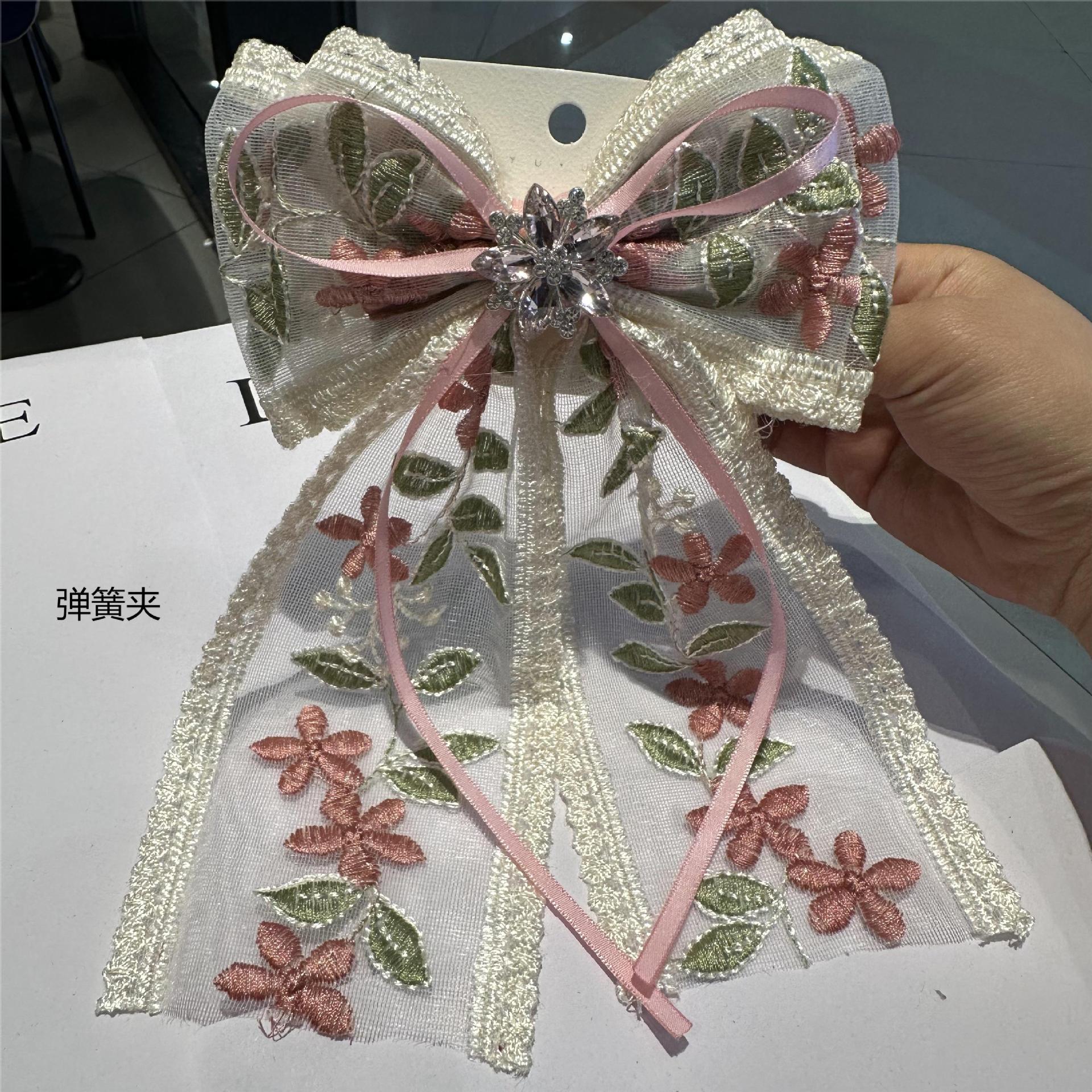 ins蕾絲刺繡大蝴蝶結水鑽絲帶髮夾網紅後腦勺發卡頭飾新款彈簧夾