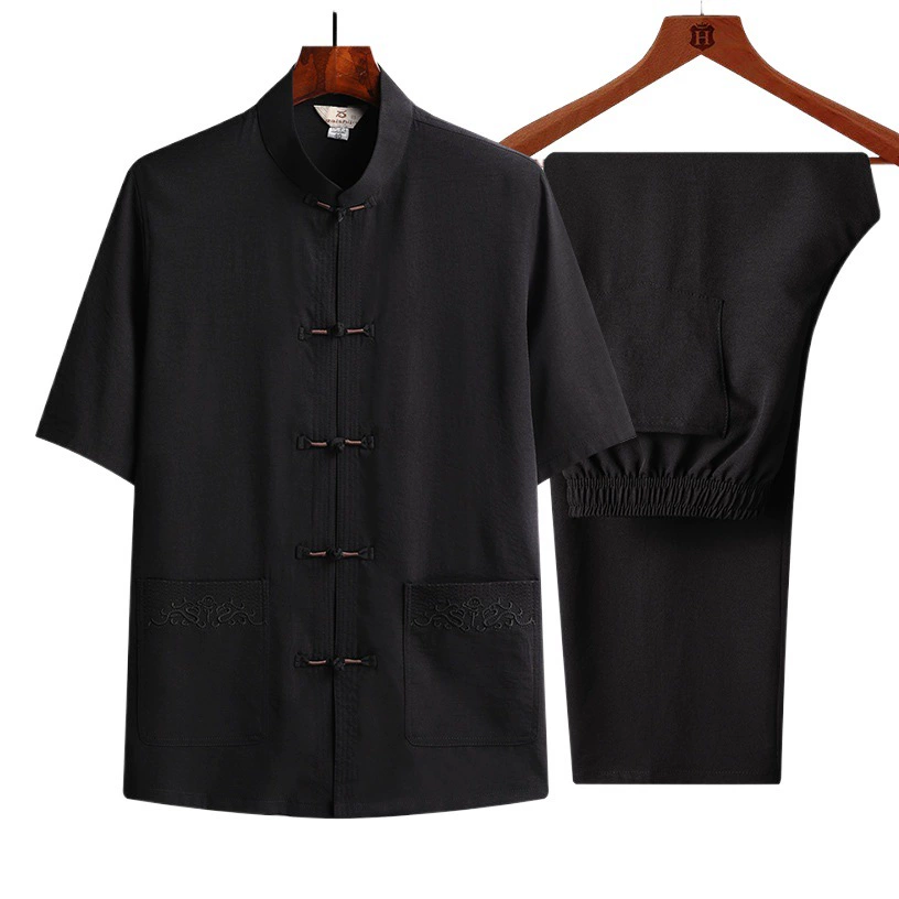 Костюм Тан для мужчин среднего и пожилого возраста, Повседневный хлопковый льняной костюм с короткими рукавами, мужская одежда в китайском стиле для пожилых людей, летняя ханьфу для папы