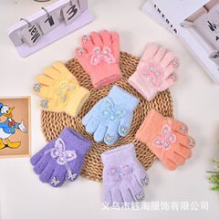 儿童花朵蝴蝶结全指手套秋冬女孩分指可爱保暖加厚防寒颗粒绒手套