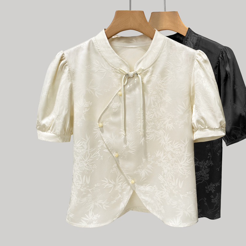 Camisas de manga corta de satén para mujeres verano 2024 nuevo estilo de estilo nacional temperamento de mujer alta sensación de nuevo estilo chino collar top image 2