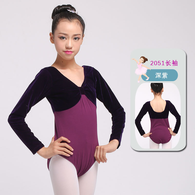 En stock de manga larga de primavera y otoño ropa de ballet ropa de práctica de una sola pieza para niños ropa de baile para niñas de terciopelo dorado ropa de clasificación de gimnasia