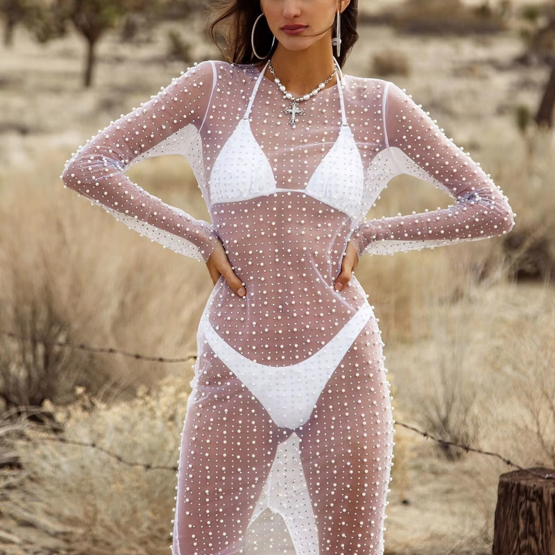 2022 Europe and the United States foreign trade new Amazon best selling fashion sexy nail beads hot drilling blouse mesh long sleeve dress