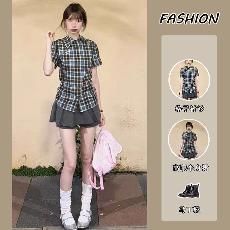 Летний костюм для женщин 2025 года, новый стиль, модная клетчатая рубашка с коротким рукавом и юбка-карандаш с высокой талией.