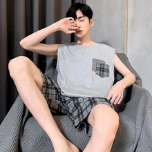 夏季男士睡衣针织棉无袖青少年宽松家居服背心短裤加大码套装批发