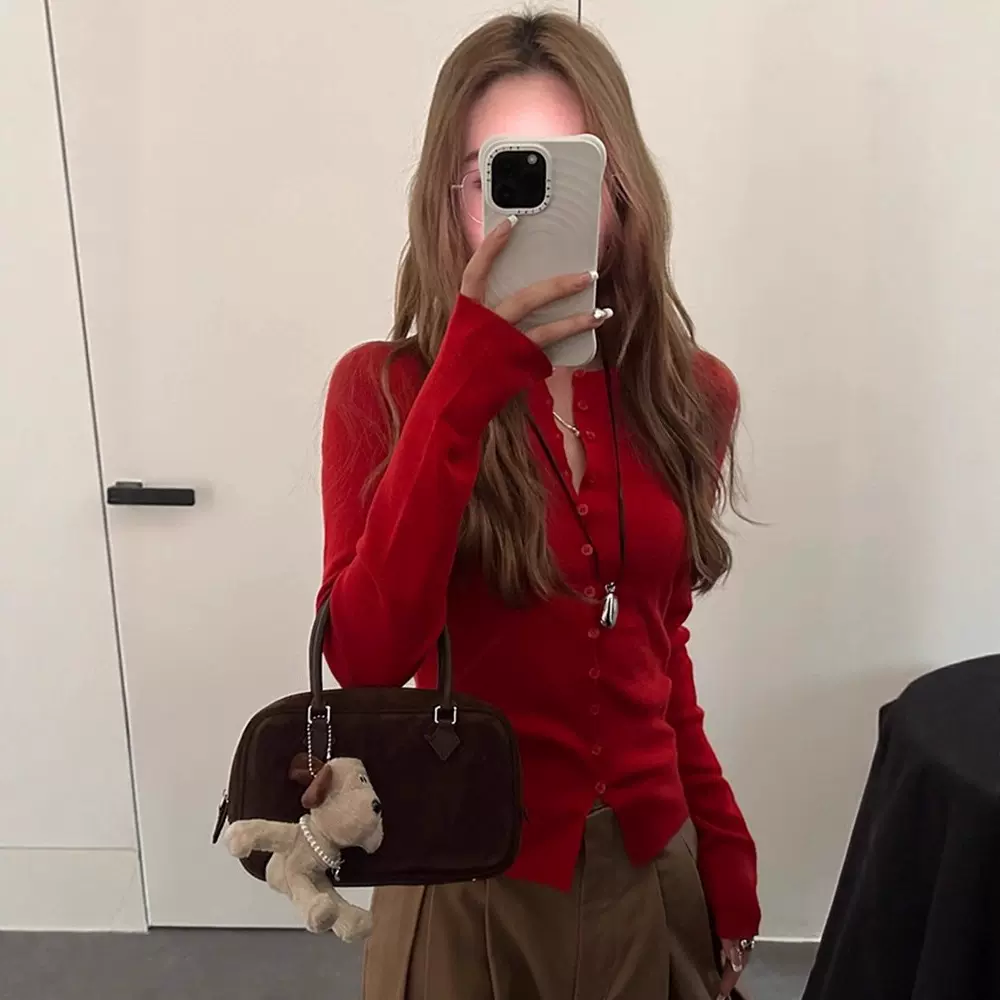 韩系红色针织开衫女2025早秋新款修身显瘦长袖打底内搭学生上衣潮