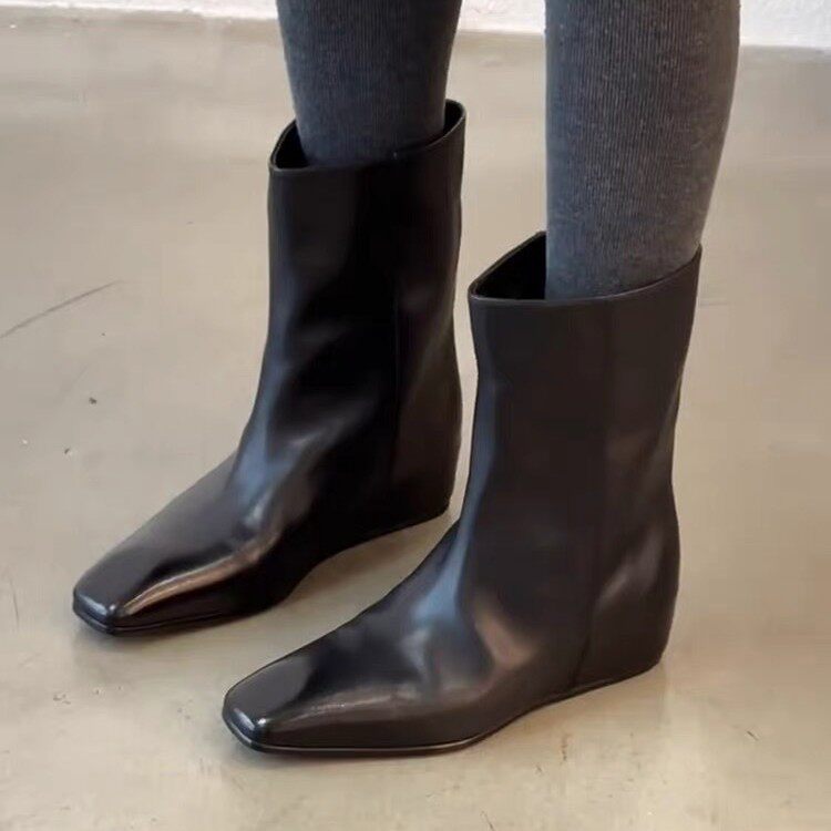 Bốt nữ cổ trung da bò thật mũi vuông ống rộng tôn dáng, gót xuồng 3–5 cm — Đen (lót lông), Đen (lót đơn)