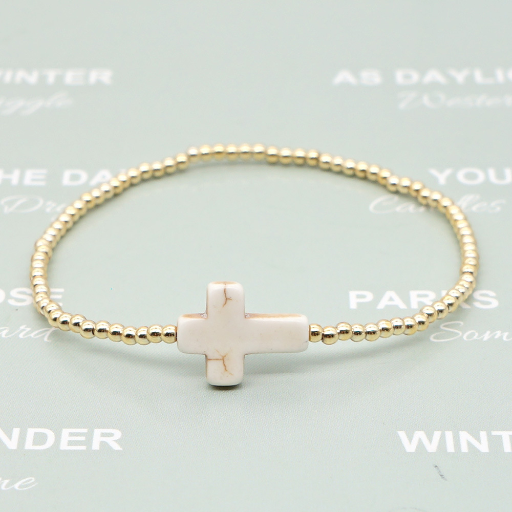 New Simple Acrylic Gold-plated Non-fading Beaded White Turquoise Cross Bracelet display picture 2