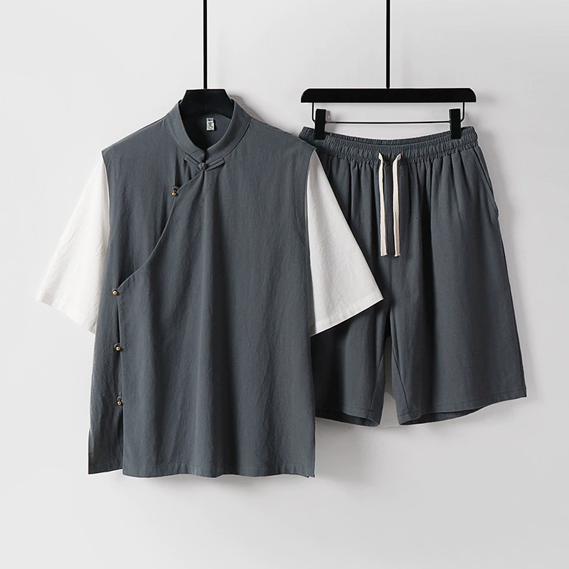 Новый мужской летний костюм в китайском стиле с рукавом три четверти, мужской летний костюм в китайском стиле, ретро-брюки три четверти из хлопка и льна, комплект из двух предметов для мужчин