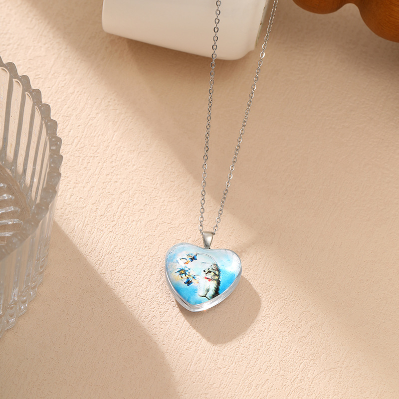 Yunjin transfronteriza Venta caliente moda europea y americana en forma de corazón colgante de cristal simple lindo gato serie collar de mujer